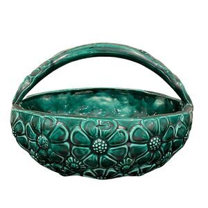 Vintage Signed Handmade Pottery Green Glazed Daisy Pattern Flower Basket Planter